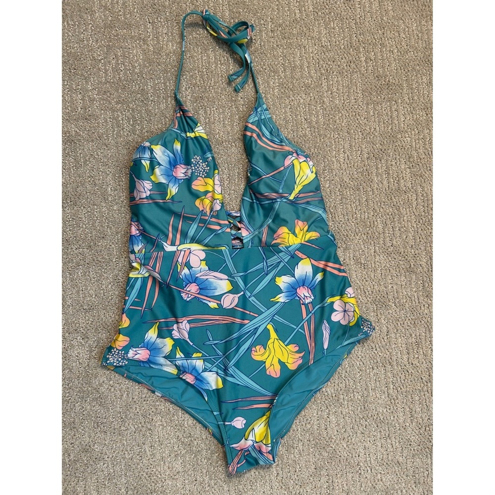 ModCloth Women's Teal Floral Print One‎ Piece Swimsuit Halter Neck - Large